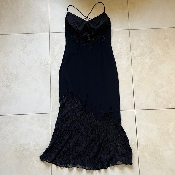Cache Black Lace Beaded Crisscross Back Evening Formal Mermaid Dress Size 2 - Picture 5 of 15
